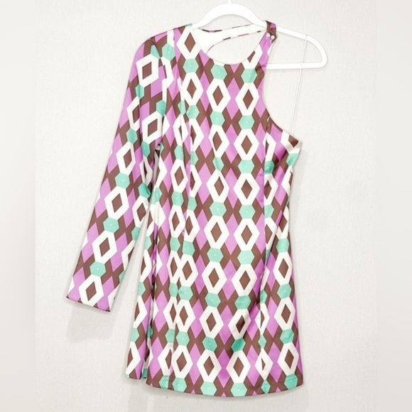 Zara Retro Asymmetrical Satin Effect Print Dress Geometric Pattern - Picture 7 of 10